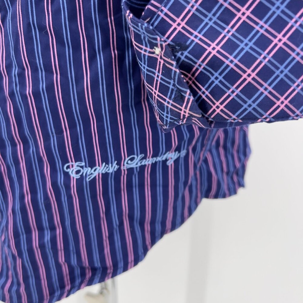 English Laundry Mens Striped 100% Cotton Dress Shirt 16.5 32/33 Blue/Pink - Picture 6 of 11